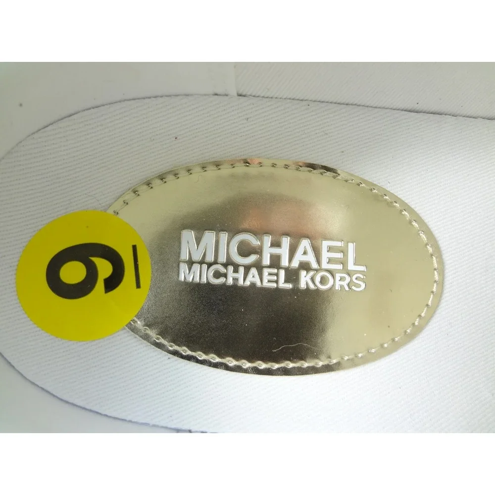 Michael Kors Sneaker Womens 9 White Excellent Front Zip Gold Logo FT25F Slip On